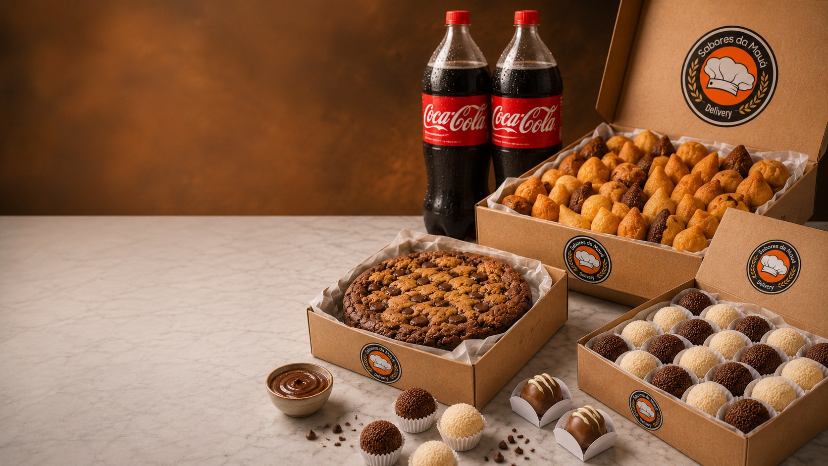 Festa completa com salgadinhos doces e Coca-Cola